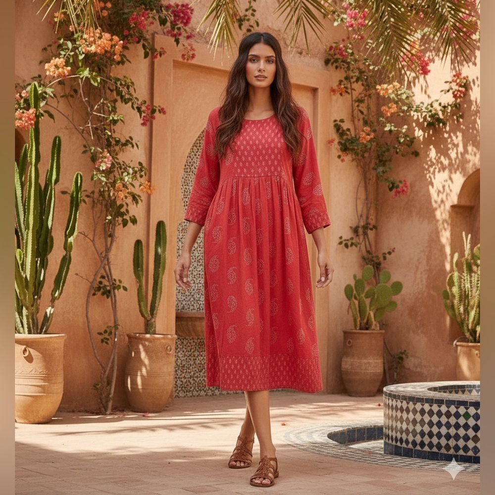 Red Boho Block Print Midi Dress • Paisley Artisan Tunic with Pockets Size 12